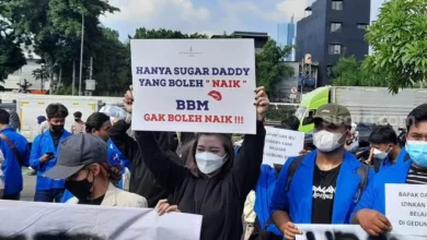 Photo of Poster Lucu Mahasiswi Demo Tolak Harga BBM Naik di Gedung DPR.